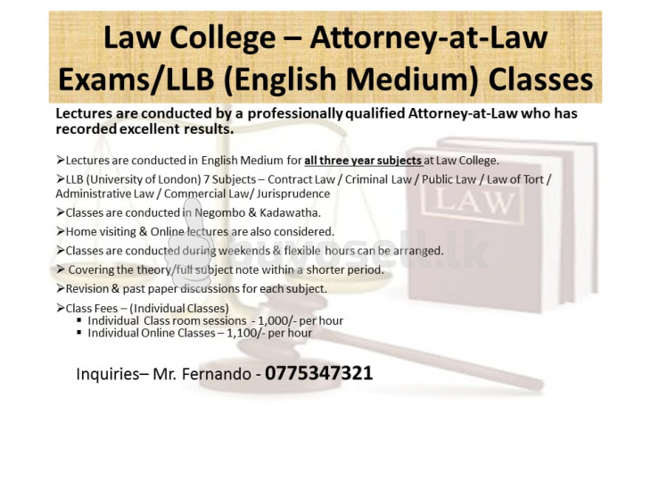 Law College Attorney-at-Law Exams/LLB (English Medium) Classes for sale in Gampaha